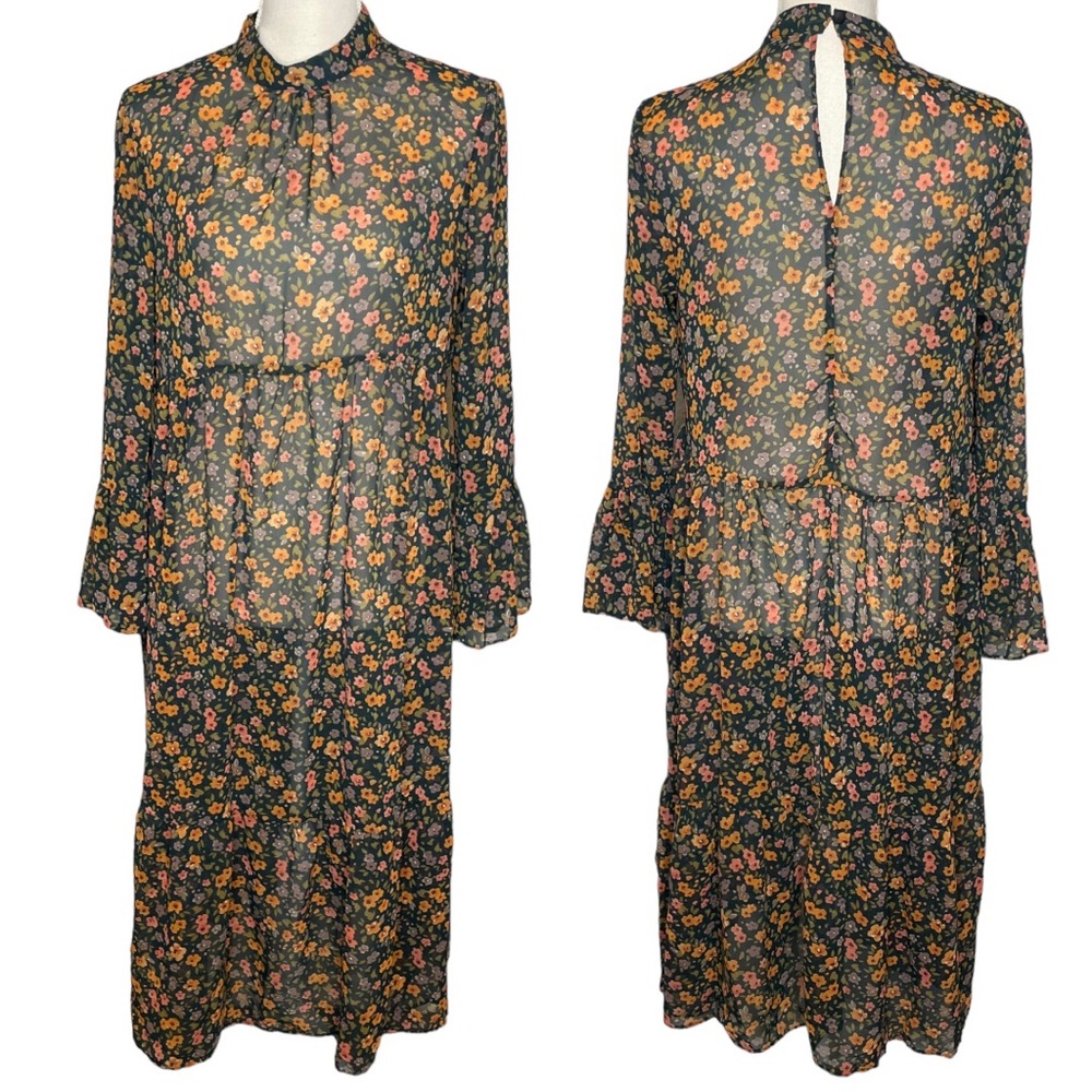 Miss Selfridge Floral Print High Neck Bell Sleeve Chiffon Midi Dress Size 8